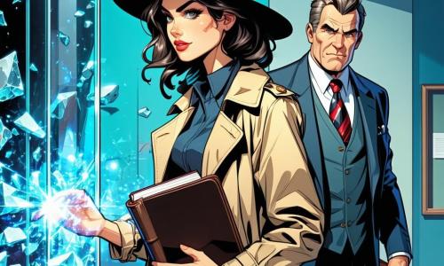 Een vrouwelijke detective, Iris Storm, staat in een museumzaal, met vastberaden ogen en gefronste wenkbrauwen. Ze draagt een beige trenchcoat, een zwarte hoed en houdt een notitieboekje in één hand terwijl ze een gebroken vitrine onderzoekt met glinsterende glasscherven eromheen. Naast haar gebaart een man van ongeveer 50 jaar, meneer Van Dijk, de museumdirecteur, ongerust. Hij heeft een grote grijze snor en draagt een tweedjasje, zijn gezicht vertoont angst. Het museum is groot, met hoge plafonds versierd met kristallen kroonluchters, marineblauwe muren en vitrines vol maritieme schatten. Schilderijen van zee-taferelen versieren de muren, terwijl een grote wereldkaart van de zee achter hen hangt. De hoofdscène toont Iris die de scène van de diefstal van waardevolle maritieme juwelen analyseert. Glasscherven liggen op de grond en een mysterieuze blauwe inscriptie is op de muur geschilderd, wat een vleugje mysterie aan de gespannen sfeer toevoegt.