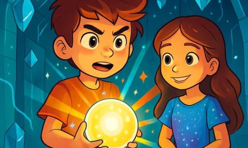 Un ragazzo di 10 anni, Elio, con capelli arruffati e occhi brillanti di curiosità, si trova al centro della scena, tenendo una sfera luminosa tra le mani. Il suo viso esprime determinazione e meraviglia mentre guarda la sfera che proietta riflessi di luce colorata intorno a lui. Accanto a lui, una ragazza di 9 anni, Mira, con lunghi capelli ondulati e un sorriso incoraggiante, osserva attentamente la sfera. Indossa un vestito di tessuti scintillanti che riflettono la magia del loro mondo. L'ambientazione è una stanza sotterranea con pareti di cristallo trasparente, illuminata da cristalli fluttuanti che brillano come stelle. Linee di energia arcana si snodano lungo i muri, creando un'atmosfera mistica. La scena principale mostra Elio e Mira, pronti a unire magia e scienza, mentre scoprono il potere della Sfera dei Destini, circondati da un'aura di luce vibrante ed energia palpabile.