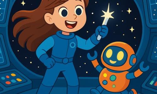 Una donna coraggiosa, Anna, con lunghi capelli castani che fluttuano e un uniforme spaziale blu, sorride con occhi brillanti di gioia ed eccitazione. È in piedi sul ponte della 