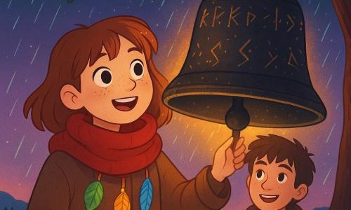 Protagonista: Amai, niña de unos 10 años, rostro redondo con pecas, ojos grandes y sonrisa decidida, con abrigo color tierra y una gruesa bufanda roja donde cuelgan tres notas luminosas (hoja verde, pluma azul, pequeño disco dorado); canta apoyando una mano sobre una enorme campana negra suspendida de una rama, con postura confiada y emocionada; secundario: Bakio, chico de unos 11 años, pelo revuelto, expresión alegre y protectora, con chaqueta de lana marrón, detrás de Amai con una mano en su hombro mirando la campana; elemento clave: la campana de la tormenta, inmensa y oscura cubierta de runas doradas brillantes y textura de metal antiguo; lugar: cima de una colina herbosa al crepúsculo, hierba mojada y algunos rocas musgosas, cielo violeta-azulado con primeras gotas de lluvia y estrellas tenues, rama que sostiene la campana y al fondo un pueblo; situación: la campana despierta mientras Amai canta las tres notas, una lluvia fina forma un arco luminoso alrededor de la campana; composición centrada, colores saturados (rojo, verde, azul, oro), iluminación cálida en halo alrededor de la campana, estilo claro y infantil tipo ilustración vectorial para álbum infantil.