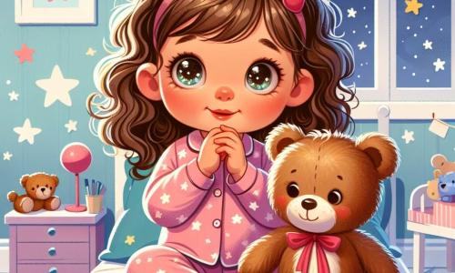 A 2-year-old girl with big bright eyes and curly brown hair is sitting on her bed, a shy smile on her face, holding her teddy bear. She is wearing a pink pajamas with white stars and looks curious yet a bit nervous. Next to her, her teddy bear, Teddy, is a brown bear with a small red bow around its neck, appearing comforting and friendly, as if talking to her. The scene takes place in a cozy room with pastel blue walls, a window letting in moonlight, and toys scattered on the floor. Paper stars are hanging from the ceiling, creating a magical atmosphere. The little girl and Teddy are counting the stars visible through the window, turning her fear of the dark into a fun and comforting game.
