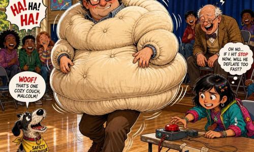 Middle-aged man (Malcolm) with a round face, square glasses and messy graying hair, embarrassed-amused expression; half-transformed into a giant cushion—velvety cream padding around his waist and chest, arms partly sunk into foam, wobbling like a walking couch. To the right, an 11-year-old girl (Zara) with short dark hair and a mischievous smile, colorful clothes, holding a clipboard and crouched by the demo table, hand reaching toward a big red button, worried focus. Foreground left: small round dog (Captain Pickles) with a spotted coat and a “SAFETY SUPERVISOR” bandana, sitting and barking at Malcolm. Background right: elderly man (Mr. Lintley, ~60) with slipping glasses, laughing, hands on knees among the audience. Interior village hall: shiny wooden floor, heavy blue velvet curtain, folding table with tools and “Inventors’ Corner” sign, folding chairs, window showing a tree. Scene: safety device set to “DRAMATIC HERO” inflated into a giant cushion around Malcolm, turning the demo into a visual gag—audience laughter, exaggerated motion lines and bounce; bright, high-contrast colors, clean outlines, detailed fabric and wood textures, expressive faces, warm comedic mood.