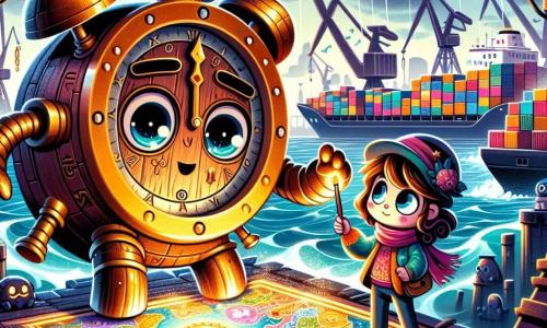 Tică, un ceas vechi din lemn cu ace de aur, se află pe un chei de port, ochii săi rotunzi și curioși strălucind de emoție. Observă cu atenție o hartă magică desenată pe un zid, mecanismele sale ușor ruginită strălucind sub lumina difuză a unei zile cețoase. Lina, o tânără desenatoare cu părul ondulat și o rochie colorată, stă lângă Tică, zâmbind plină de speranță, ținând în mână un creion strălucitor, gata să deseneze noi aventuri. În fundal, portul industrial este plin de macarale uriașe și containere colorate, iar valurile mării se sparg de mal, creând o atmosferă de mister. Tică și Lina se pregătesc să descopere secretele orașului, cu harta vie pulsând de energie, în timp ce ploaia începe să cadă, aducând o notă de tensiune.