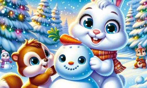 Um coelhinho Tico, todo branco e peludo, com grandes olhos brilhando de alegria, está construindo um imenso boneco de neve. Ele sorri entusiasticamente, suas patinhas pequenas trabalhando para empilhar bolinhas de neve bem redondas. Ao lado dele, o esquilo Pipo, com seu pelo marrom e cauda fofa, observa Tico com admiração, seus olhos brilhando de excitação, segurando uma cenoura para o nariz do boneco de neve. A cena ocorre em uma estação de esqui mágica, cercada por pinheiros cobertos de neve que brilham sob o sol de inverno, com flocos de neve caindo suavemente do céu azul. Luzes coloridas decoram as árvores, criando uma atmosfera festiva. Tico e Pipo estão se preparando para a festa de Ano Novo, reunindo elementos para seu boneco de neve gigante, prontos para surpreender sua família com uma celebração alegre e cheia de risadas.