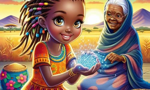 Amina, a 10-year-old African girl, has sparkling eyes and braided hair dancing around her smiling face. She wears a vibrant dress with colorful patterns, and her expression is filled with determination and wonder as she holds a shimmering blue feather in her hand. Beside her, her grandmother, an elderly woman with wise wrinkles, sits on a wooden bench surrounded by baskets of millet. She looks at Amina with pride and encouragement, her eyes shining with love. The backdrop is a golden savannah dotted with majestic acacias and colorful wildflowers under a bright blue sky. In the distance, rolling hills can be seen, and the ground is cracked from the sun's heat. The scene depicts Amina ready for adventure, determined to find the mysterious 