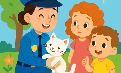 Una poliziotta sorridente, con i capelli castani raccolti in uno chignon, indossa una divisa blu brillante e un distintivo lucido sul petto. È inginocchiata, tenendo un piccolo gatto bianco tra le braccia, con un'espressione di gioia e orgoglio sul volto. Accanto a lei, una bambina di 6 anni, con capelli ricci e un vestito rosa, guarda il gatto con occhi meravigliati, mentre un ragazzo di 7 anni, con i capelli corti e una maglietta gialla, sorride alzando il pollice. Sono tutti e tre in un giardino verdeggiante, pieno di fiori colorati e un grande albero frondoso. La scena mostra la poliziotta che aiuta i bambini a ritrovare il gatto smarrito, creando un momento di felicità e amicizia sotto un cielo azzurro e soleggiato.