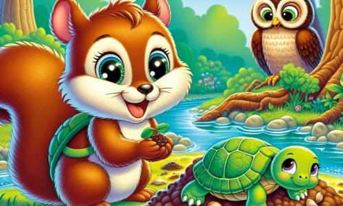A small squirrel named Benny, with brown fur and a bushy tail, expresses great joy with sparkling eyes and a bright smile as he plants a small seed in the fertile soil near a sparkling stream. Next to him, Tilly the turtle, with a green shell and wise eyes, looks on proudly with a slight smile, holding another seed in her front paws. In the background, an old owl named Ollie, with brown feathers and round eyes, watches the scene from a branch of a large oak, displaying a kind and encouraging expression. The setting is a lush forest filled with majestic trees with bright green leaves, colorful flowers, and a clear stream winding between the rocks. The main scene shows Benny and Tilly united in a joyful effort to plant seeds, symbolizing their commitment to caring for nature and making their forest more beautiful.