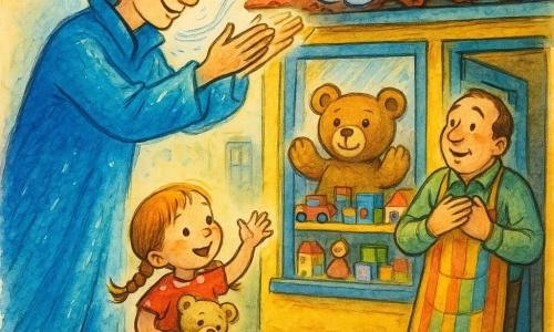 A tall, kind man with a gentle, smiling face and golden hair wears a glowing electric-blue coat and blows a warm breeze with open hands to lift a small fluffy white cloud stuck on a red-tiled toy shop roof; a delighted 5-year-old girl in a red polka-dot dress with two braids holds a beige teddy and waves from the sidewalk, while a relieved toy-shop owner in his colorful apron stands at the door with hands on his chest; a giant stuffed bear sits on the storefront with button eyes and raised paws as toys in the yellow-and-blue wooden shop window seem to come alive in a bright, joyful atmosphere.