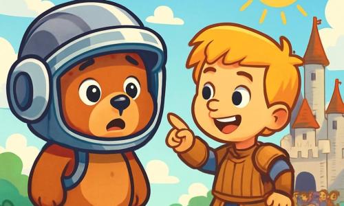 Een kleine teddybeer genaamd Boris, met een zachte bruine vacht en sprankelende nieuwsgierige ogen, draagt een grote futuristische helm op zijn hoofd. Hij lijkt verwonderd en een beetje nerveus terwijl hij op een groene heuvel staat en naar een majestueus middeleeuws kasteel in de verte kijkt. Naast hem moedigt een jonge jongen in houten harnas, met blond haar en een vriendelijke glimlach, hem enthousiast aan en wijst naar het kasteel. De lucht is helderblauw met pluizige witte wolken en de zon schijnt vrolijk. Het kasteel, met zijn spitse torens en grijze stenen muren, is omringd door een menigte mensen in middeleeuwse kostuums die applaudisseren en lachen. De scène straalt een sfeer van magie en avontuur uit terwijl Boris en zijn nieuwe vriend zich voorbereiden op een ongelooflijk avontuur in de tijd.
