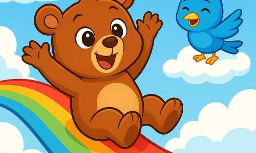 Un orso bruno, di nome Bruno, con grandi occhi rotondi e un sorriso splendente, scivola gioiosamente su uno scivolo colorato che si snoda tra le nuvole. Sembra meravigliato e divertito, con le braccia alzate in aria come se stesse volando. Vicino a lui, un piccolo uccello blu dalle piume brillanti, con un becco giallo vivace e occhi scintillanti, ride felicemente fluttuando su una nuvola soffice. Sembra felice e amichevole, guardando Bruno con entusiasmo. Lo sfondo è un cielo blu brillante punteggiato di nuvole soffici e bianche, mentre lo scivolo, dai colori vivaci dell'arcobaleno, si snoda tra le nuvole come un sentiero magico. La scena mostra Bruno che scivola con gioia sullo scivolo, mentre l'uccello blu lo incoraggia con risate, creando un'atmosfera ludica e piena di felicità.