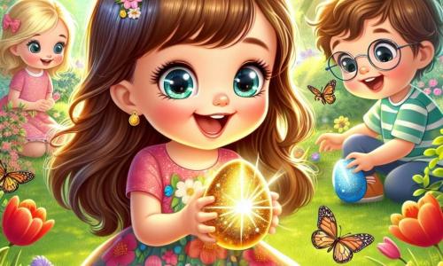 Ein 5-jähriges Mädchen namens Lila mit langen braunen Haaren und neugierigen Augen sitzt in einem sonnigen Garten. Sie trägt ein buntes Blumenkleid und lächelt aufgeregt, während sie ein funkelndes goldenes Osterei entdeckt. Neben ihr sammelt ihr Freund Ben, ein 6-jähriger Junge mit blonden Haaren und runden Brillen, ein leuchtend blaues Ei aus dem Gras. Er sieht fröhlich und konzentriert aus. Etwas weiter entfernt beobachtet Mia, ein 5-jähriges Mädchen mit lockigem Haar und einem rosa Kleid, fasziniert die Schmetterlinge, die um die Blumen fliegen. Der Garten ist voller bunter Blumen wie roten Tulpen, gelben Narzissen und weißen Gänseblümchen, während grüne Bäume Schatten spenden. Sonnenstrahlen filtern durch die Blätter und schaffen eine magische, fröhliche Atmosphäre. Die Hauptszene zeigt Lila, Ben und Mia bei der Ostereiersuche, lachend und spielend, während sie versteckte Eier zwischen den Blumen und Büschen entdecken, erfüllt von Staunen und Freundschaft.