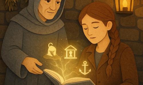 Vrouw Maren, sereen maar geconcentreerd gezicht, zachte ogen en eeltige handen, kastanjebruin gevlochten haar en versleten bruine leren jas, houdt een open zilverkleurig oud boek waarvan een blad schittert als een lichtend weefsel; een monnik van circa 60 jaar met grijzend haar onder een grijze wollen kap en een gerimpeld vriendelijk gezicht reikt het boek naar Maren en staat iets links achter haar; kleine werkruimte met stenen muren, houten tafel met inktstrepen, hangende potjes met gedroogde kruiden en een warme lantaarngloed die uitgesneden schaduwen werpt; Maren ontdekt een kaart van lichtdraden die uit het boek ontspringt met drie zwevende symbolen (helm op een heuvel, zandloper in een tempel, anker in havennevel), een intieme magische scène van kalme verwondering.