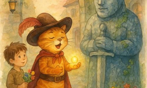 Die Hauptfigur ist der gestiefelte Kater: ein aufrecht gehender anthropomorpher Kater mit glänzenden braunen Lederstiefeln, Federhut, rötlich getigertem Fell und entschlossen-sanftem Ausdruck, er singt leise und hält eine kleine leuchtende Perle in der Pfote; links leicht zurückversetzt steht ein etwa siebenjähriger Junge mit zerzausten braunen Haaren und einfacher Kleidung, der schüchtern einen kleinen Blumenstrauß reicht; eine Wächterstatue aus grauem Stein mit gesenktem Schwert, sich öffnenden Augen und Rissen mit Efeu wirkt wohlwollend erwachend; im Hintergrund erscheint rechts eine Bäckerin von etwa vierzig Jahren in Schürze mit einem Korb warmen Brots, die lächelnd zusieht; der Schauplatz ist ein alter steinerner Torbogen zu einer nassen Kopfsteinpflasterstraße mit hängenden Öllaternen, grünem Efeu und bunten Wildblumen am Fuß der Statue bei rosigem Dämmerungshimmel — der Kater singt, die Perle leuchtet, die Statue öffnet die Augen und senkt das Schwert, die Dorfbewohner schauen gerührt, Stimmung sanft, magisch und beruhigend.