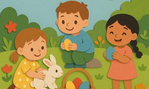 Hay tres niños: Ana, ~4 años, coletas castañas claras, vestido amarillo con lunares blancos, arrodillada a la izquierda abrazando un pequeño conejo blanco; Lucas, ~5 años, pelo castaño corto, jersey azul claro y pantalón verde, en el centro agachado junto a una piedra con un huevo amarillo; Sofi, ~3 años, trenza negra, vestido rosa, a la derecha de pie junto a un arbusto mostrando sonriente un huevo azul brillante. Ambientación: jardín primaveral con césped verde, flores rojas y naranjas, arbustos y cielo azul con sol; situación: alegre búsqueda de huevos de Pascua recogiendo huevos de colores (rojo, azul, amarillo) en una cesta de mimbre, con expresiones sonrientes y colores vivos.