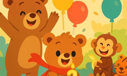 Un pequeño oso de peluche llamado Osito, con un suave pelaje marrón y ojos brillantes de alegría, está de pie en el centro de la escena, sonriendo ampliamente con una gran vela de cumpleaños en sus patas. Lleva una bufanda roja brillante que flota a su alrededor, y su expresión está llena de emoción y felicidad. A su lado, su mamá, una gran osa suave con pelaje marrón claro y una sonrisa cálida, levanta los brazos al aire, rodeada de globos coloridos que flotan a su alrededor. Ella se ve orgullosa y alegre, mirando a su pequeño con amor. En el fondo, amigos animales, como un mono travieso con una banana en las manos y un tigre dormido sobre una piedra, añaden vida a la escena. El mono sonríe ampliamente, mientras que el tigre parece pacífico y feliz. El lugar es una sala de fiesta llena de decoraciones coloridas: guirnaldas de papel, globos multicolores y una gran mesa con un pastel de cumpleaños decorado con velas brillantes. La luz es suave y cálida, creando un ambiente festivo. La situación principal muestra a Osito soplando la vela de su pastel de cumpleaños, rodeado de sus amigos y su mamá, todos listos para celebrar este momento mágico con risas y canciones alegres.