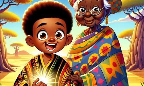 Kofi, un joven de 12 años, se encuentra en el centro del escenario, con una amplia sonrisa de emoción en su rostro. Tiene la piel de un tono marrón cálido, cabello rizado y lleva una túnica colorida adornada con patrones africanos vibrantes. En su mano, sostiene una pequeña máscara mágica que brilla bajo el sol naciente. A su lado, su abuela, una mujer mayor de rostro arrugado y benevolente, lo mira con orgullo. Ella lleva un pagne tradicional de colores vivos y sostiene un gran bastón de madera, simbolizando su sabiduría. El fondo es una vasta sabana dorada, salpicada de majestuosos baobabs con troncos gruesos y ramas extendidas. El cielo es de un azul brillante, salpicado de nubes blancas esponjosas, mientras el sol comienza a levantarse en el horizonte, proyectando sombras suaves sobre el suelo. Kofi se prepara para partir en una misión, decidido a llevar un mensaje de paz a las aldeas vecinas. Su mirada está llena de coraje y anticipación, mientras la brisa suave hace danzar las hierbas a su alrededor.