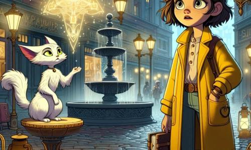 Una ragazza di 9 anni, di nome Elisa, si trova al centro della scena, con grandi occhi curiosi e capelli castani leggermente scompigliati. Indossa un cappotto giallo brillante, pieno di tasche, e il suo viso esprime determinazione e meraviglia mentre guarda un antico libro posato su un altare. Accanto a lei, Nix, una piccola creatura magica simile a un gattino con ali argentate, fluttua nell'aria, i suoi occhi brillanti di saggezza. Batte le ali dolcemente, illuminando la scena con la sua polvere scintillante. Lo sfondo è la piazza centrale di Vapormir, una città vibrante dove magia e tecnologia si incontrano. Lampioni a gas diffondono una luce soffusa, mentre una fontana decorata con motivi magici zampilla al centro, circondata da antichi ciottoli e edifici colorati con finestre scintillanti. La scena principale mostra Elisa e Nix mentre scoprono un antico segreto, mentre Elisa pone il libro del tempo sull'altare, provocando un'esplosione di luce magica che avvolge la piazza, simboleggiando il momento in cui rompe la maledizione che affligge la città.