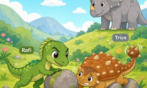 Un velociraptor llamado Rafi, rostro alegre y decidido, ojos redondos brillantes, piel verde con pequeñas manchas claras y plumitas en la nuca, empujando una gran piedra con las patas delanteras, cuerpo inclinado, cejas fruncidas pero sonrisa tranquilizadora; un ankylosaurus llamado Tito, pequeño y redondeado, caparazón marrón‑anaranjado con placas redondas, expresión de dolor pero confiada, una pata trasera atrapada entre dos rocas, mira a Rafi y agita suavemente su cola espinosa; al fondo, un triceratops guardián llamado Trico, grande y sereno, cuernos cortos dorados, piel gris moteada, de pie en una pequeña colina observando con postura protectora y sonrisa; lugar: valle soleado de hierba verde, arbustos redondeados, pocas flores de colores, rocas grises musgosas, luz suave y cielo azul con nubes; escena: rescate tierno y animado, Rafi mueve la piedra para liberar a Tito, ambiente cálido, colores pastel, siluetas simples y formas redondeadas, composición centrada en la acción y las expresiones amistosas.