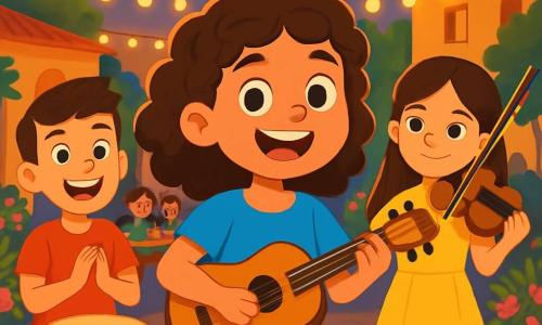 Lucía, una niña de 10 años, está en el centro del escenario, con cabello rizado y una sonrisa radiante. Lleva una blusa azul brillante y sostiene una pequeña guitarra de madera, sus ojos brillan de emoción y nerviosismo. A su lado, Andrés, un niño de 11 años, baterista, tiene el cabello corto y lleva una camiseta roja. Sonríe y aplaude al ritmo de la música. Sara, una niña de 9 años, toca el violín, con cabello largo y liso, vestida con un vestido amarillo. Mira a Lucía con ánimo. La escena se desarrolla en una bonita plaza animada, iluminada por guirnaldas de luces brillantes, rodeada de plantas florecidas y mesas de madera donde hay familias sentadas. Niños ríen y bailan alrededor, creando una atmósfera alegre y festiva. Lucía canta con pasión ante un público cautivado, su voz se eleva en el aire suave de la tarde, mientras sus amigos la acompañan con sus instrumentos, creando una melodía armoniosa que hace vibrar el corazón de todos los espectadores.