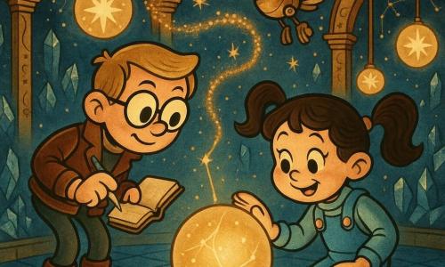 Ci sono tre personaggi: una bambina di circa 9 anni, capelli castani ricci raccolti in due codini, salopette spaziale azzurra con bottoni di rame, sorriso curioso; è al centro, inginocchiata vicino a una sfera opalescente leggermente velata, tende la mano per toccarla. Un ragazzo di circa 10 anni, capelli biondi corti, occhiali rotondi, giacca di pelle consumata e stivali con suola metallica, sguardo concentrato; è a sinistra in piedi, piegato verso la sfera con un taccuino e una penna luminosa. Un piccolo automa volante simile a un uccello meccanico, scocca in ottone lucido, ali articolate con ingranaggi visibili e un occhio-lampada turchese, svolazza sopra i due proiettando una scia di polvere stellare dorata. Ambientazione: grande sala circolare del Cairn Orbitale con pavimento piastrellato blu notte iridescente, pareti incastonate di cristalli che emettono aloni colorati, archi dorati decorati con motivi di ingranaggi e costellazioni, molte sfere luminose sospese a varie altezze come lanterne stellari. Situazione: i due bambini stanno riparando una promessa perduta: la sfera centrale opalina ricomincia a illuminarsi d'oro dove la bambina la tocca, filamenti di luce si ricollegano al suo interno come circuiti e l'automa danza sopra per guidare la riparazione; atmosfera magica, colori ricchi (blu notte, turchese, oro) ed espressioni di stupore e concentrazione.