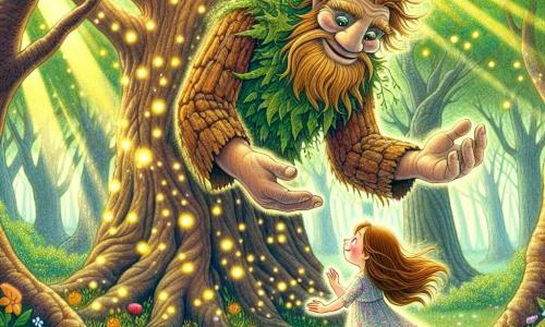 A kind giant named Thistle, with rough skin like tree bark and eyes shining like stars, stands at the center of the scene, smiling with a gentle and protective expression. He is surrounded by colorful flowers blooming around him as he reaches out with his enormous hand to a little girl, Lily, about eight years old, with chestnut hair blowing in the wind and sparkling eyes full of curiosity. Lily, dressed in a light floral-patterned dress, looks at Thistle in awe, ready to listen to his stories. The setting is an enchanted glade in the heart of the Everwood forest, where majestic trees with wide trunks and shimmering leaves form a natural dome above them. Sunbeams filter through the foliage, illuminating the scene with golden light, while fireflies dance around them, adding a touch of magic. The main situation shows Thistle and Lily sharing a moment of connection as Thistle tells ancient stories to the singing stones, while the soft melody resonates in the air, creating an atmosphere of mystery and wonder.