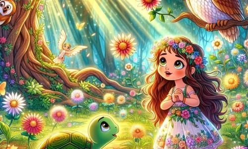 Una niña de 6 años llamada Luna, con largos cabellos castaños y ojos llenos de curiosidad, se encuentra en el centro de un jardín mágico. Lleva un vestido colorido adornado con flores y tiene una sonrisa maravillada mientras observa las flores que cambian de forma a su alrededor. Junto a ella, una tortuga sabia llamada Tula, con un caparazón verde y ojos suaves, se mueve lentamente por el suelo, mirando a Luna con benevolencia. Más lejos, un búho de plumas doradas y grandes ojos redondos, posado en una rama, observa la escena con aire sabio. El jardín está lleno de flores brillantes de todos los colores, que bailan al compás del viento, y árboles majestuosos con hojas brillantes. Los rayos de sol se filtran a través de las ramas, creando una atmósfera mágica y cálida. La situación principal muestra a Luna maravillada por la transformación de las flores, mientras descubre el poder de sus pensamientos y emociones en este jardín encantador.