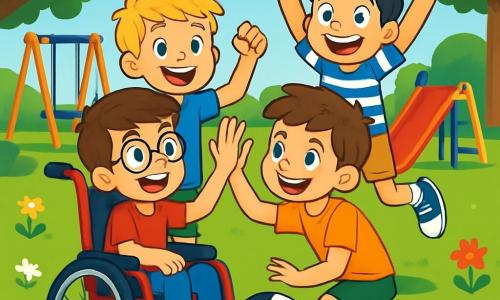 Er zijn 4 kinderen: - Max: een 10-jarig jongen met bruin haar en een bril. Hij zit in een mooie rode rolstoel, enthousiast glimlachend. - Tom: een 10-jarig jongen met rommelig blond haar en een blauwe t-shirt. Hij staat naast Max, met zijn armen in de lucht om een overwinning te vieren. - Joris: een 10-jarig jongen met kastanjebruin haar en een groene short. Hij zit voor Max en geeft hem een high-five, met een grote glimlach. - Sam: een 10-jarig jongen met zwart haar en een gestreepte t-shirt. Hij staat achter Tom en springt van blijdschap, met stralende ogen. De situatie speelt zich af op een mooie zonnige speeltuin, met kleurrijke schommels, een felrode glijbaan en een groot groen grasveld. Bomen met weelderige bladeren omringen de speeltuin, en kleurrijke bloemen voegen een vleugje magie toe aan de omgeving. De hoofdscène toont Max, omringd door zijn vrienden, die een doelpunt in het voetbal scoort. De kinderen zijn allemaal blij en enthousiast, vieren samen de overwinning van Max, die dankzij de hulp van zijn vrienden heeft gescoord. Gelach en glimlachen verlichten hun gezichten, wat de teamgeest en vriendschap illustreert.