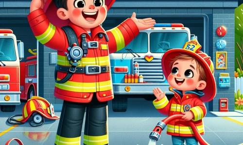 Ein junger Mann, Max, ist ein begeisterter Feuerwehrmann mit einem großen Lächeln, der einen glänzenden roten Anzug und einen funkelnden Feuerwehrhelm trägt. Er steht neben einem großen Feuerwehrauto und hebt freudig die Arme in die Luft, bereit, seine Ausrüstung zu zeigen. Neben ihm steht Mia, ein etwa 6-jähriges Mädchen mit großen bewundernden Augen, das eine kleine gelbe Feuerwehrjacke trägt. Sie hält einen kleinen Wasserschlauch und lächelt stolz, während sie auf der Stufe des Fahrzeugs steht. Die Szene spielt in einem Feuerwehrhof, umgeben von großen grünen Bäumen und bunten Blumen, mit dem leuchtend roten Truck, der auf dem glänzenden Beton parkt. Im Hintergrund sieht man eine Wand der Feuerwache, die mit Kinderzeichnungen zum Thema Feuerwehr dekoriert ist. Max und Mia haben Spaß, während sie einen kleinen Wassereimer gießen und so tun, als würden sie ein imaginäres Feuer löschen, mit Wasser spritzend um sie herum und eine fröhliche, verspielte Atmosphäre schaffend.