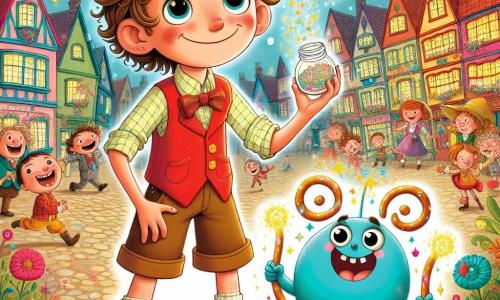 A 7-year-old boy named Oliver, with sparkling hazel eyes and tousled curly hair, stands at the center of the scene with a big smile on his face, holding a shimmering jar of laughter dust. He wears a bright red vest over a checkered shirt and brown shorts, looking ready to share his joy. Next to him, a small Fizzlepop, a squishy blue creature with big bulging eyes and a pretzel-shaped tail, jumps with excitement, emitting sparks of magic around him. In the background, the lively square of Quirkshire is filled with colorful houses with twisted facades, vibrant flowers, and paper garlands fluttering in the wind. The townspeople, both children and adults, laugh and dance, creating a festive and joyful atmosphere. The main scene shows Oliver sprinkling laughter dust into the air, triggering an explosion of laughter and colors, while those around him are swept away by the magic of the moment, their faces lit up with happiness.