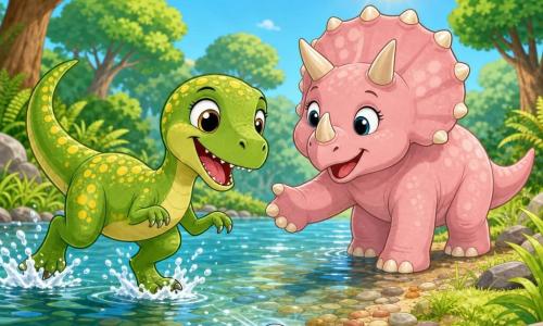 A small, joyful velociraptor named Rolo with light green scales speckled with yellow, big round eyes and a smile jumps in the shallow water wagging his tail while his friend Tilly, a gentle, curious pale-pink triceratops with short horns and tiny white spots, stands slightly back in the river smiling and reaches a foot to help; a shiny silver pebble rolls between their feet near the current in a clear shallow river dotted with colorful stones, grassy banks, ferns and trees under a blue sky and warm sun — the two friends laugh and gently guide the pebble to shore amid soft splashes in a tender, playful scene.
