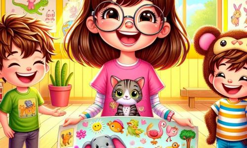 An 8-year-old girl named Lily, with long brown hair and round glasses, happily smiles while holding a large colorful poster of animals. She wears a pink t-shirt with a cat design and a polka-dot skirt. Next to her is her friend Ben, an 8-year-old boy with messy blonde hair, dressed as an elephant with a paper trunk and felt ears, laughing while pointing at the poster. Emma, another 8-year-old friend with brown hair in pigtails, is dressed as a monkey in a brown costume, holding a funny hat. The scene takes place in a bright classroom at Sunnydale Elementary, decorated with animal drawings and colorful garlands. The walls are painted bright yellow, and windows let in sunlight, illuminating the children's smiles. Lily and her friends are preparing their 
