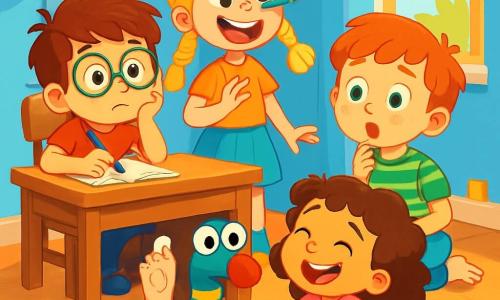 There are 4 children: Max, an 8-year-old boy with messy brown hair and round glasses, sitting at a wooden desk holding a purple pencil, looking thoughtful; Mia, a 7-year-old girl with braided blonde hair and a bright smile, standing next to Max juggling colored pencils on her nose; Leo, a 9-year-old boy with freckles and red hair, sitting on the floor counting his freckles with a focused expression; and Zoe, a 6-year-old girl with curly hair and mismatched socks, lying on the carpet, laughing and drawing smiling faces on her toes. The setting is a colorful children's room with sky-blue walls, dinosaur posters, and toys scattered on the floor. A large fluffy rug is in the center, and a window lets in sunlight, brightening the room. The main scene shows the children surprised, looking at a funny sock puppet that just spoke under the desk. The puppet has bulging eyes and a red pom-pom nose, appearing ready to take them on a magical adventure.