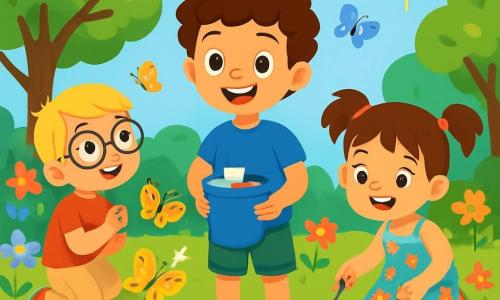 There are 3 characters: Leo: an 8-year-old boy with curly brown hair, wearing a blue t-shirt and green shorts, holding a small plastic bucket to collect trash. He stands in the center, smiling and enthusiastic. Max: a 7-year-old boy with blonde hair and round glasses, dressed in a red t-shirt and beige pants, observing a beautiful butterfly on a yellow flower. He is to the left of Leo, looking amazed. Sam: a 6-year-old girl with brown hair in two pigtails, wearing a colorful flower dress, holding a small shovel to plant seeds. She is to the right of Leo, ready to help. The setting is a sunny garden filled with colorful flowers, large green trees, and a bright blue sky. Butterflies flutter around the flowers and birds perch on the branches. The main scene shows the three friends cleaning the garden, picking up trash and planting flowers to help butterflies and small creatures. They are laughing and having fun, surrounded by the beauty of nature.