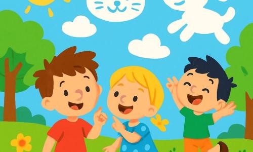There are 3 characters: Max, a 6-year-old boy with messy brown hair and a red t-shirt, standing and smiling while holding a shiny button; Lily, a 5-year-old girl with braided blonde hair and a blue polka dot dress, next to Max, laughing and pointing at a cat-shaped cloud; and Ben, a 6-year-old boy with black hair and green shorts, slightly behind, joyfully jumping to catch a dog-shaped cloud. The setting is a sunny garden filled with colorful flowers, large green-leaved trees, and a bright blue sky. Funny clouds float in the sky, some shaped like cats and others like dogs, adding a touch of magic to the scene. The main situation shows the three friends pressing the magic button, surrounded by amusing clouds and a large bouncing ball, laughing and dancing, creating a joyful and playful atmosphere.