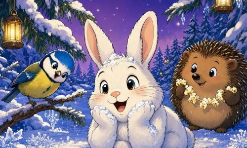 A small fluffy white rabbit with snow-covered paws, bright eyes and a big amazed smile sits in the snow, leaning forward to listen; a cheerful blue-and-yellow tit perches on a low branch to the rabbit's left, tilting its head to listen; a round brown hedgehog with soft spines, shy but smiling, holds a popcorn garland to the rabbit's right, slightly back; the clearing is ringed by tall snow-covered firs with hanging warm lanterns, the ground shows paw prints and snowflakes, and a violet twilight sky sparkles with stars; the scene captures the magical moment when the snow 