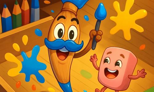 O personagem principal é o Senhor Pincel, um pincel sorridente com um grande bigode azul e olhos brilhantes de alegria. Ele está pintando respingos de cores vivas ao seu redor, exibindo uma expressão de excitação e felicidade. Ao seu lado, a Borracha Saltitante, uma borracha rosa com perninhas e bracinhos, salta de alegria, seus olhos brilhando de travessura. Ela ri alto, cheia de energia, e está ao lado do Senhor Pincel, pronta para ajudá-lo. O cenário é uma gaveta alegremente colorida, cheia de lápis, canetinhas e papéis multicoloridos, com raios de luz filtrando pelas frestas, criando uma atmosfera acolhedora e lúdica. A situação principal mostra o grupo procurando a tinta azul desaparecida, com respingos de cores vivas ao seu redor, enquanto riem juntos, formando uma bela equipe cheia de cumplicidade e felicidade.
