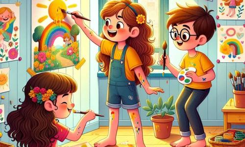 Uma menina de 10 anos, Clara, com cabelos castanhos e cacheados, está pintando um mural colorido na parede branca do seu quarto. Ela usa uma camiseta amarela brilhante e um short de jeans, com manchas de tinta nos braços. Ao lado dela, sua melhor amiga Ana, também de 10 anos, com cabelos longos e lisos, segura pincéis e estrelas adesivas, pronta para colá-las no mural. Um pouco mais longe, Felipe, um garoto de 10 anos com cabelos castanhos e óculos redondos, está sentado no chão, misturando cores em uma paleta, com uma expressão concentrada. O quarto é iluminado, com raios de sol entrando pela janela aberta, iluminando desenhos nas paredes e brinquedos espalhados pelo chão. Potes de tinta de várias cores estão dispostos em uma mesa de madeira, acrescentando um toque criativo ao ambiente. A cena principal mostra Clara e seus amigos criando um mural alegre, pintando flores, uma árvore grande e um arco-íris, enquanto riem e compartilham ideias, capturando o espírito de um verão cheio de criatividade e amizade.