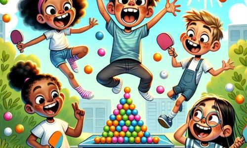 Un băiat de 12 ani, Radu, cu părul castaniu și un zâmbet mare, este în centrul imaginii, sărind de bucurie cu brațele ridicate, înconjurat de bile de ping-pong colorate care zboară în jurul lui. La dreapta lui, Ana, o fetiță de 11 ani cu părul creț și ochelari rotunzi, râde cu poftă, având mâinile pe șolduri, în timp ce privește o tură de bile de ping-pong care se prăbușește. La stânga, Mihai, un băiat de 12 ani cu părul blond și o privire jucăușă, face o grimasă comică, având ochii mari, ținând o bilă de ping-pong într-o mână, pregătit să o arunce. Irina, o fetiță de 10 ani cu împletituri și un zâmbet cald, este așezată pe jos, râzând cu voioșie, înconjurată de bile de ping-pong împrăștiate în jurul ei. Decorul este un parc însorit, cu un copac mare și verde și flori colorate în fundal, sub un cer albastru deschis cu câteva nori albi. Scena arată copiii în plină activitate ludică, râzând împreună după ce au construit turnuri de bile de ping-pong care s-au prăbușit, ilustrând spiritul de prietenie și bucurie al aventurii lor.