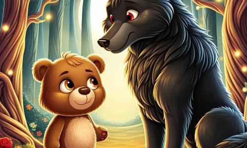 An illustration depicts a young teddy bear with soft brown fur and sparkling curious eyes, standing on its hind legs with a determined smile, ready to face the unknown. Beside it, a large black wolf with bright red eyes expresses deep melancholy, slightly hunched as if carrying a heavy burden, watching the bear with a glimmer of hope. In the background, an enchanted forest stretches endlessly, with gnarled trees and shimmering leaves under the soft light of a golden twilight. Colorful flowers dot the ground, adding a touch of magic to the environment. The main scene shows the bear and the wolf side by side, ready to enter a mysterious clearing, where a glowing light captures their attention, symbolizing hope and the possibility of redemption. Other graphic elements include fireflies dancing around them, creating a fairy-tale atmosphere, and soft shadows cast by the trees, adding a hint of mystery to the scene.