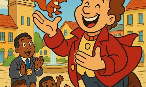 Captain Giggle, smiling and joyful with curly brown hair and a flowing red coat, hovers slightly above a bright city square near a tall clock tower, holding a small red squirrel that jumps onto his right shoulder as he releases it from inside the clock; the white‑dial clock begins ticking again, the crowd — including a surprised mayor with a shiny medallion and two children (a girl in a yellow dress and a boy in blue overalls) in the foreground — smiles and applauds beside light cobbles, a round fountain and colorful façades.