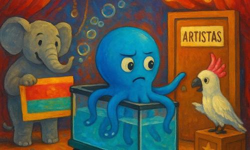 Un pequeño pulpo azul brillante, protagonista, con ocho brazos redondeados y ventosas blancas, asoma la mitad de su cuerpo fuera de un gran acuario con ruedas y extiende un brazo hacia una puerta marcada 