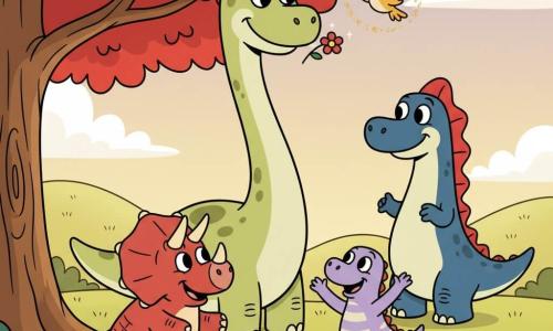 Een grote lichtgroene diplodocus met kleine olijfgroene vlekken, lange soepele nek, grote ronde expressieve ogen en warme glimlach houdt voorzichtig een klein fonkelend bloempje tussen zijn lippen; Tommy, de gedrongen triceratops met korte hoorns en ronde neus in baksteenkleur, kijkt bewonderend en tikt met zijn hoeven op de grond; Zara, een kleine springerige dinosaurus met een mollig lavendelkleurig lichaam en crèmekleurige strepen, springt blij op de voorgrond met opgeheven armpjes; de imponerende maar zachtere spinosaurus met donkerblauwe schubben en een rode rugkam staat op de achtergrond, verbaasd maar glimlachend; een vriendelijk vogeltje met gouden veren vliegt erboven en strooit vonkjes rond de bloem; de scène speelt zich af aan de voet van een grote boom met felrode bladeren in een grasvallei met ronde heuvels, pastelkleurige lucht, pluizige wolken en gouden licht — hoofdmoment: triomf en verzoening, de diplodocus biedt de betoverde bloem aan zijn vrienden en de spinosaurus, warme sfeer, felle kleuren, gecentreerde compositie, eenvoudige silhouetten, afgeronde vormen en zachte contrasten.