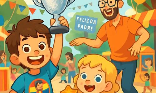 Un niño de 8 años, con cabello castaño desordenado y ojos brillantes de alegría, sostiene un gran trofeo brillante de papel de aluminio. Sonríe ampliamente, mostrando sus dientes de leche, y lleva una camiseta colorida con un dibujo de superhéroe. A su lado, su hermana pequeña Clara, una niña de 4 años con rizos rubios y una sonrisa traviesa, sostiene una galleta en forma de estrella, con los ojos muy abiertos de emoción. Su padre, un hombre de unos treinta años con una barba ligera y gafas, ríe mientras intenta bailar como un pato, con los brazos extendidos, en medio de la fiesta. La escena tiene lugar en una gran plaza animada, decorada con globos de colores y guirnaldas, con familias riendo y jugando alrededor. Se pueden ver puestos de comida y juegos al fondo, creando un ambiente festivo y alegre. La situación principal muestra al niño y su familia celebrando juntos el día del padre, rodeados de risas y felicidad, con destellos de luz del sol filtrándose a través de los árboles.
