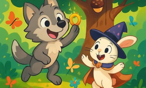 En un claro de un bosque encantado, un pequeño lobo llamado Luno, con un suave pelaje gris y ojos brillantes de curiosidad, flota alegremente en el aire, con una gran sonrisa en su rostro. Lleva un anillo dorado brillante en una de sus patas delanteras. A su lado, un pequeño conejo mago llamado Cornelius, vestido con un elegante sombrero de mago y una capa colorida, salta de alegría, con los ojos muy abiertos de emoción. Sus patas apenas tocan el suelo, rodeados de flores multicolores y mariposas que revolotean a su alrededor. Al fondo, un gigantesco árbol con ramas cargadas de frutas que parecen pasteles de chocolate se eleva majestuosamente, mientras una pequeña piedra animada sonríe y los observa con diversión. La escena irradia una atmósfera alegre y mágica, llena de colores vivos y detalles encantadores.