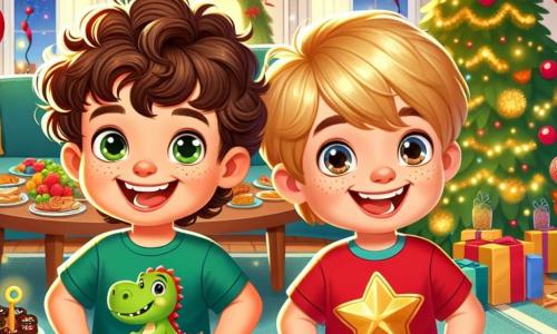 Due ragazzi, Luca e Marco, di cinque anni, si trovano al centro della stanza. Luca ha i capelli castani e ricci, indossa una maglietta verde con un disegno di dinosauro e pantaloni corti blu. Marco, invece, ha i capelli biondi e lisci, è vestito con una maglietta rossa con una stella dorata e pantaloni neri. Sorridono felicemente, tenendo decorazioni colorate nelle mani. La scena si svolge nel soggiorno di Luca, splendidamente decorato per la festa di Capodanno, con festoni scintillanti e palloncini rossi e dorati che fluttuano dal soffitto. Una grande tavola è piena di deliziose leccornie: biscotti a forma di stella, pizzette e frutta colorata. Un grande albero di Natale brilla in un angolo, illuminato da luci multicolori. I due amici si preparano a iniziare un quiz divertente per intrattenere i loro ospiti, circondati da risate ed eccitazione, pronti ad accogliere il nuovo anno con grida di gioia e sorrisi luminosi, ansiosi di condividere questo momento speciale con i loro amici.