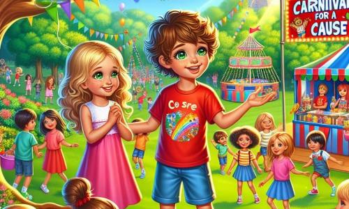 A 10-year-old boy, Max, with curly brown hair and sparkling green eyes, stands in the center of the image, smiling enthusiastically. He wears a red t-shirt and blue shorts, holding a large colorful poster announcing a "Carnival for a Cause." Beside him is an 8-year-old girl, Emma, with long blonde hair, dressed in a pink dress, looking at Max with admiration and her eyes shining with joy. In the background, a group of children of various ages enjoys themselves around colorful stands, playing games and tasting treats. The setting is a sunny park filled with greenery, majestic trees, and balloons floating in the air, creating a festive and welcoming atmosphere. The main scene shows Max and Emma, surrounded by children, celebrating their carnival while helping families in need, symbolizing unity and solidarity.