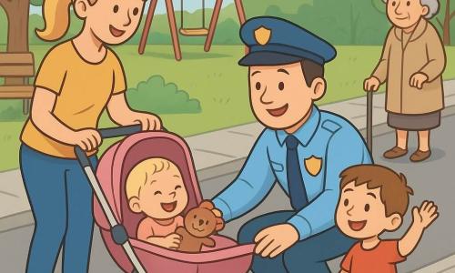 Policjant około 40 lat, krągła twarz, krótkie brązowe włosy, czyste jasnoniebieskie mundur, kuca i pomaga podnieść różowy wózek na lekko podwyższony krawężnik; mama około 30 lat, blond w kucyku, ubrana swobodnie, trzyma kierownicę wózka i patrzy z wdzięcznością; córeczka Zosia około 1 roku bawi się i uśmiecha w wózku trzymając pluszaka; chłopiec Michał około 7 lat w czerwonym T-shircie stoi po prawej, uśmiechnięty i podnosi rękę; starsza pani około 75 lat z drewnianą laską i beżowym płaszczem stoi nieco z tyłu przy przejściu dla pieszych; miejsce: mały osiedlowy park z huśtawkami, ławką i brukowaną ścieżką wśród drzew; scena: bezpieczna, ciepła i solidarna, proste sylwetki i łagodne linie w stylu książki dla dzieci.
