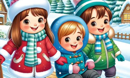In einer magischen Winterlandschaft sind drei Freunde versammelt. Mia, ein 8-jähriges Mädchen mit langen braunen Haaren und einem strahlenden Lächeln, trägt eine rote Daunenjacke und weiße Handschuhe und schiebt einen großen Holzschlitten. Leo, ein 7-jähriger, neugieriger und energiegeladener Junge mit einer coolen blauen Mütze, trägt eine blaue Jacke und schwarze Stiefel und steht neben Mia, bereit, auf den Schlitten zu steigen. Sam, ein 6-jähriger, etwas kleinerer Junge mit blonden Haaren und roten Wangen, trägt eine grüne Daunenjacke und gestreifte Handschuhe und sitzt lachend auf dem Schlitten. Die Szenerie zeigt ein verschneites kleines Dorf mit Holzhäusern, schneebedeckten Dächern, grünen Tannen, die mit funkelndem Schnee geschmückt sind, und einem hellblauen Himmel, der sanft mit fallenden Schneeflocken verziert ist. Die drei Freunde sind bereit, gemeinsam auf dem Schlitten zu rutschen, ihre Gesichter strahlen vor Freude und Aufregung, bereit für ein unvergessliches Winterabenteuer.