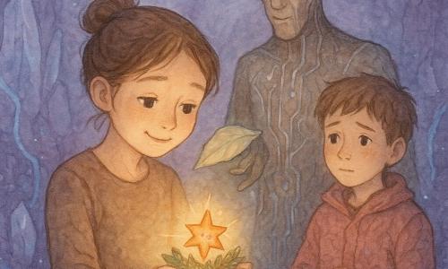 Maya, o fetiță de 8 ani emoționată și blândă cu ochi mari și zâmbet timid, părul castaniu prins într-un coc mic, stă cu palma deschisă spre o mică stea roșcată tremurândă, mâna luminată de un simbol circular, în postură protectoare; Rian, în jur de 10 ani, timid, în palton roz de hârtie mototolit, stă puțin retras spre dreapta cu mâinile strânse, jenat dar ușurat; Drau, o creatură druida bătrână și binevoitoare cu trunchi bătrân împletit cu circuite argintii și antene subțiri, stă în spate punând o frunză luminoasă pe stea; decorul este un tunel de ceață mov din valea senzorilor cu pereți de cristal translucid, rădăcini bioluminescente albastre și violete și pietre muzicale care emit note și lumină; scena principală îl arată pe Maya liniștind steaua încoronată cu frunze, lumina palmei răspândind filamente aurii, Rian privind rușinat dar ușurat și Drau asistând, într-un cadru science-fantasy care combină natură și circuite.