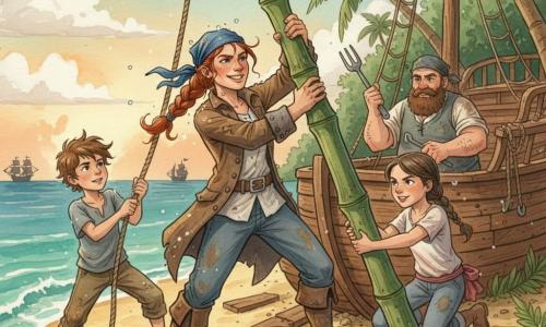 A red‑haired woman captain, rain‑slicked hair, determined smile, strong hands pushing a large bamboo mast toward a ship in worn sea coat, leather boots and blue bandana; Pip, about 10, messy brown hair, pulling a sail rope at the left of the mast with a focused face; Molly, about 10, light braid, holding the mast base on deck to the captain’s right with a brave expression; Finn the cook, bearded and stocky, sleeves rolled, using a fork as a tool to adjust rigging behind the mast; Tessa, a dark‑haired teenager near the captain, handing a metal tool from the shore beside a pile of wooden tools; tropical golden‑sand beach with ferns, curved palms and dense green jungle, broken old ship hull and scattered debris, turquoise water lapping the shore; they are together raising a makeshift bamboo mast to refloat the ship, visible tension, partly cloudy sky with an orange sunset glow, two dark enemy ship silhouettes on the horizon, dynamic composition with sharp movement, watercolor textures and controlled splashes around ropes and waves.